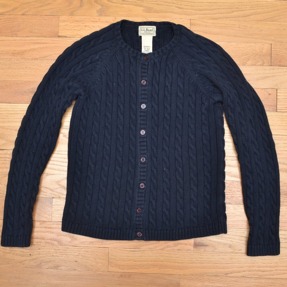LL Bean Cardigan Cable Stitch Navy Blue Womens XS-Reg Vintage